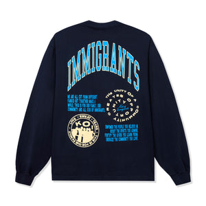 Kids Of Immigrants long sleeve navy tee with immigrants print on back