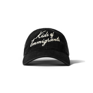 Kids Of Immigrants hat in black with cream script font front
