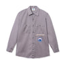 Kids Of Immigrants striped button down work shirt with two front pockets with "immigrants" embroidered