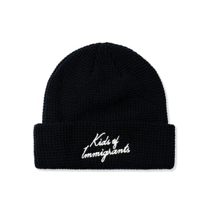Kids Of Immigrants waffle beanie in black with white script font front