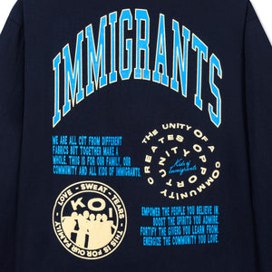 Immigrants print in blue and cream
